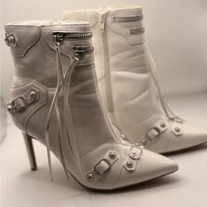Size 8 / Free Shipping - White Pointed Toe Ankle Boots with Buckle Detail
